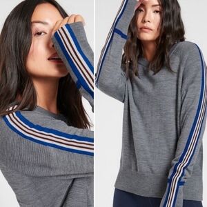 Athleta Gray Crewneck Sweater with Blue and Brown Stripes